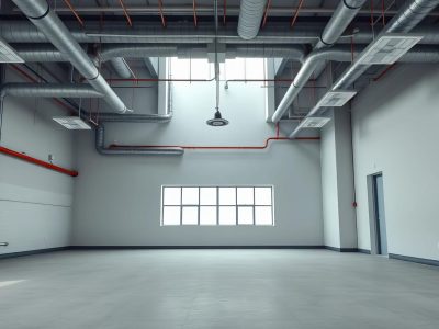 Vast empty office space, bare walls, exposed pipes, awaiting renovation, refurbishment, concrete