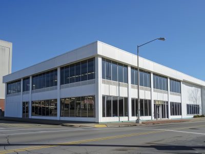 White commercial building with large windows located on a street corner, suggesting urban business and commerce