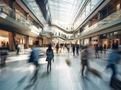 Abstract blurred photo of many people shopping inside department store or modern shopping mall. Urban lifestyle and black friday shopping concept